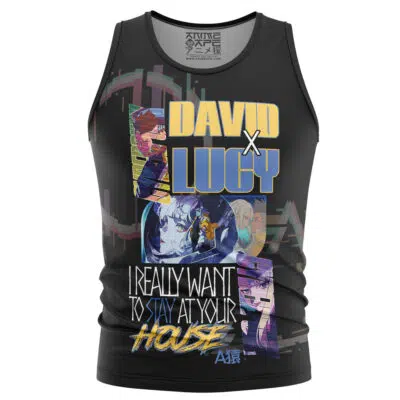 Sleeveless black Rei Ayanami V2 Neon Genesis Evangelion Streetwear Tank Top with colorful anime-style illustrations and bold white, yellow, and blue text that says, "DAVID X LUCY I REALLY WANT TO STAY AT YOUR HOUSE.
