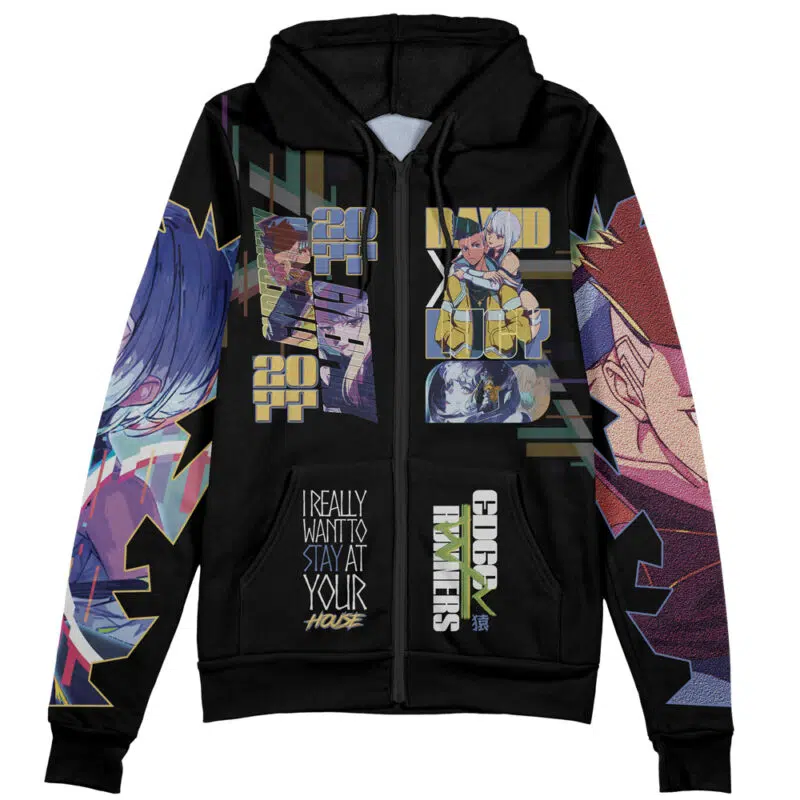 The Rei Ayanami V2 Neon Genesis Evangelion Streetwear Zip Hoodie Jacket features bold, colorful anime-style designs, geometric patterns, and numbers, with text like "I REALLY WANT TO STAY AT YOUR HOUSE" and "CIDER HUNTERS.