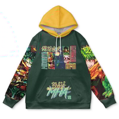 The Itoshin Rin V2 Blue Lock Streetwear Hoodie features vibrant anime artwork, characters, and colorful Japanese graphics printed on the front, sleeves, and pocket area in green and yellow.