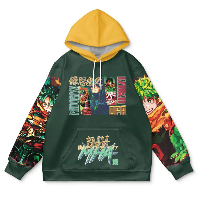 The Itoshin Rin V2 Blue Lock Streetwear Hoodie features vibrant anime artwork, characters, and colorful Japanese graphics printed on the front, sleeves, and pocket area in green and yellow.