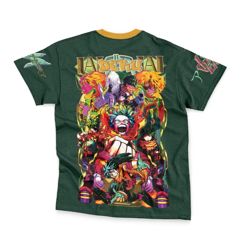 The Itoshin Rin V2 Blue Lock Streetwear T-Shirt features bold anime artwork and dynamic poses on the back, with vibrant red, yellow, and green accents plus stylized text above the characters.