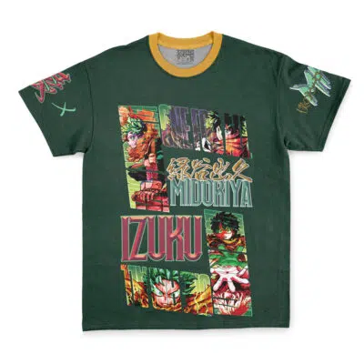 A dark blue Itoshin Rin V2 Blue Lock T-shirt featuring multiple colorful illustrations of Itoshin Rin, his name in bold letters with Japanese characters, plus graphics on the left sleeve and yellow trim on the collar.
