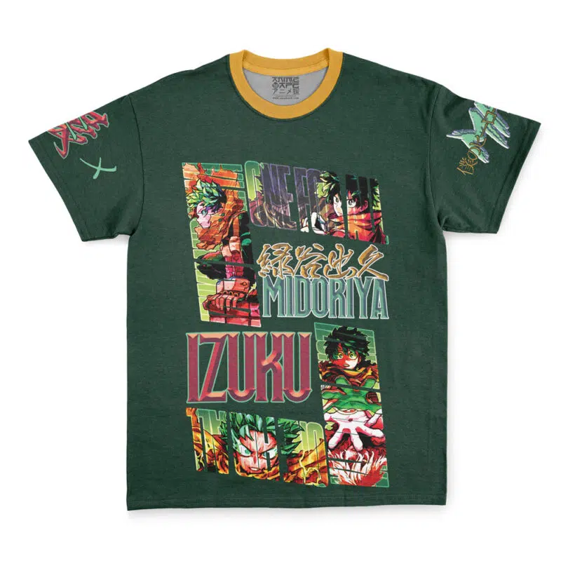 A dark blue Itoshin Rin V2 Blue Lock T-shirt featuring multiple colorful illustrations of Itoshin Rin, his name in bold letters with Japanese characters, plus graphics on the left sleeve and yellow trim on the collar.