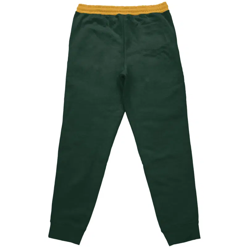 Itoshin Rin V2 Blue Lock Streetwear Sweatpants (Copy) in dark green with a yellow elastic waistband, cuffed ankles, and no visible pockets or logos, shown flat from the back on a white background.