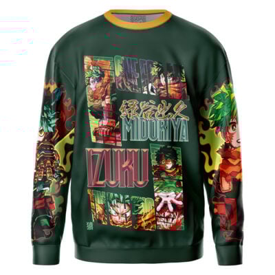 A streetwear sweatshirt featuring vibrant illustrations and text of Itoshi Rin from Blue Lock on the front and sleeves, in dark green.