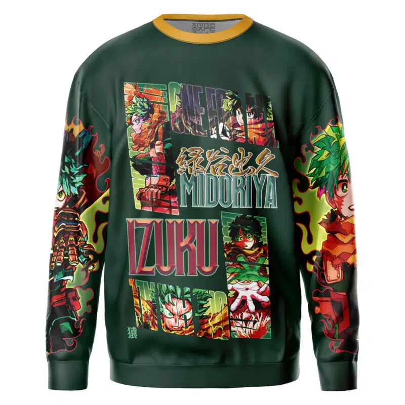 A streetwear sweatshirt featuring vibrant illustrations and text of Itoshi Rin from Blue Lock on the front and sleeves, in dark green.