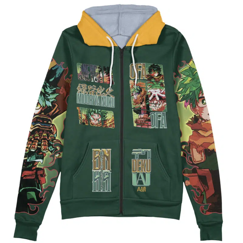 A streetwear zip-up hoodie named "Itoshin Rin V2 Blue Lock," featuring blue tones and inspired by the Blue Lock series, with bold graphics of Itoshin Rin on the front and sleeves.