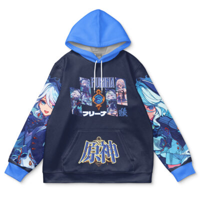 The Neuvillette Genshin Impact Streetwear Hoodie features navy and light blue colors, anime-style characters, Japanese text, vibrant sleeve and front artwork, and a bold graphic on the pocket area.