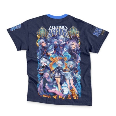 The Neuvillette Genshin Impact Streetwear T-Shirt (Copy) is navy blue and features vibrant anime art of nine female characters with swirling water, blue energy, HYDRO ARCHON text at the top, and designs on the sleeves.