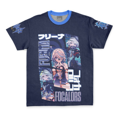 Navy blue Neuvillette Genshin Impact Streetwear T-Shirt featuring anime-style illustrations of Neuvillette in various poses, bold lettering, and Japanese text on the chest and both sleeves.