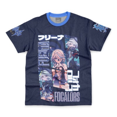 Navy blue Neuvillette Genshin Impact Streetwear T-Shirt featuring anime-style graphics, Japanese text, and bold "Furina" and "Focalors" lettering. Blue accents decorate the collar and sleeves.