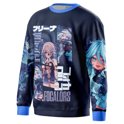The Neuvillette Genshin Impact Streetwear Sweatshirt (Copy) is a navy blue top with anime-style prints of a blue-haired character, Japanese text, and bold graphics. Blue cuffs and collar complete the stylish look.