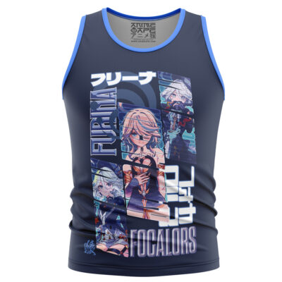 A navy blue Neuvillette Genshin Impact Streetwear Tank Top with light blue trim, anime-style character art, Japanese text, and "Furina" and "Focalors" in bold white and blue letters.