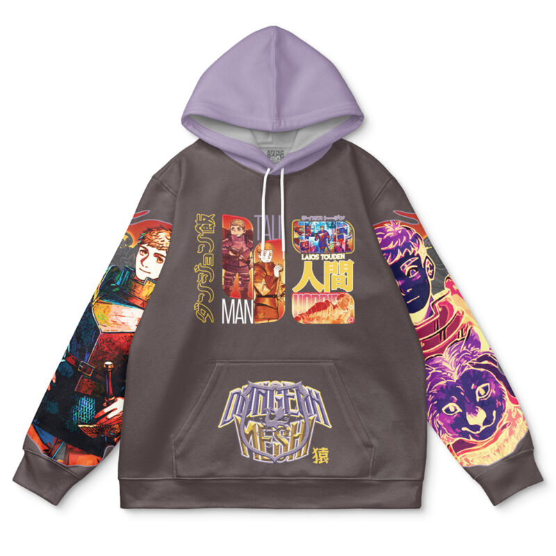 The Cyberpunk 2077 Edgerunners Streetwear Hoodie (Copy) features a lavender hood, gray body, and colorful manga-style illustrations with Japanese text on the chest, sleeves, and front pocket, showcasing animated characters and stylized artwork.