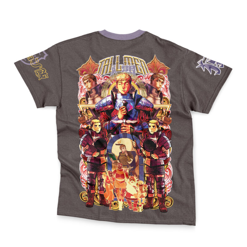 The Cyberpunk 2077 Edgerunners Streetwear T-Shirt features gray fabric and colorful back artwork of stylized armored soccer players, a central figure with a ball, ornate details, and "ITALIANO" at the top.