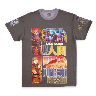 A gray Cyberpunk 2077 Edgerunners Streetwear T-Shirt featuring colorful, stylized images and text, including various characters and both Japanese and English lettering on the front and sleeves.