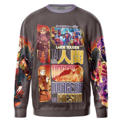 The Cyberpunk 2077 Edgerunners Streetwear Sweatshirt showcases vibrant anime-style characters, creatures, and bold English and Japanese text like "Tali Man," "Horror Dungeon," and "Meshi" on the front and sleeves.