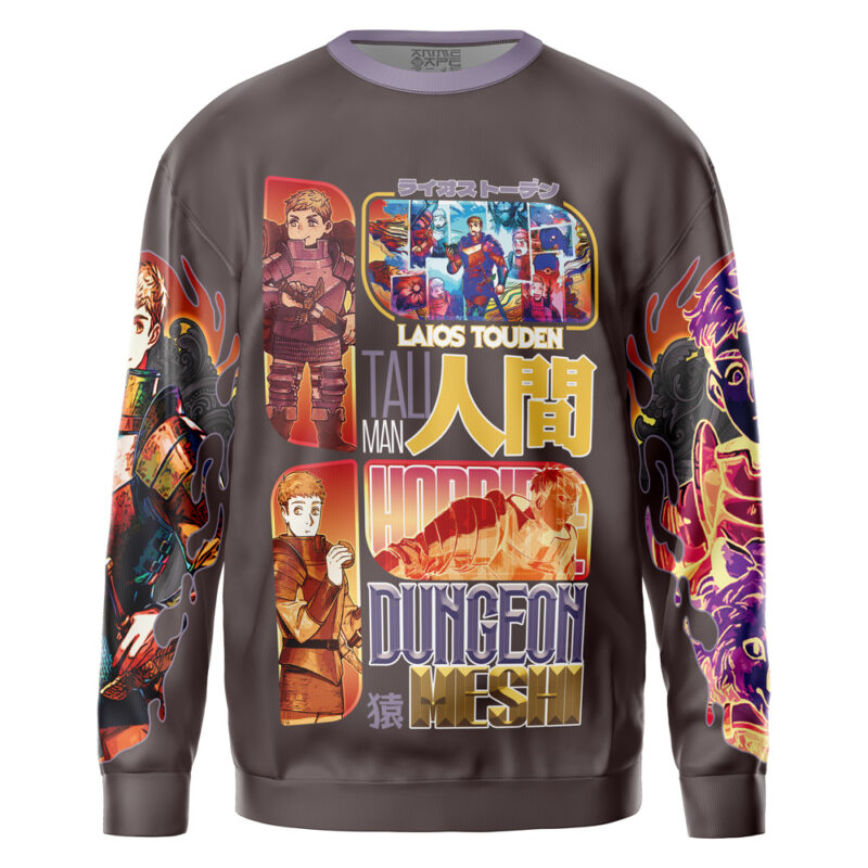 The Cyberpunk 2077 Edgerunners Streetwear Sweatshirt showcases vibrant anime-style characters, creatures, and bold English and Japanese text like "Tali Man," "Horror Dungeon," and "Meshi" on the front and sleeves.