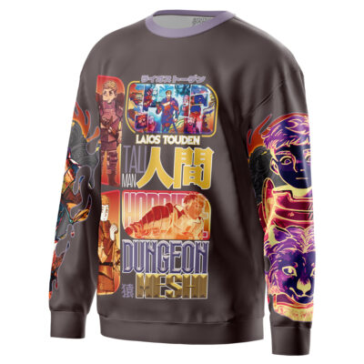 The Cyberpunk 2077 Edgerunners Streetwear Sweatshirt features vibrant anime-style artwork, Japanese and English text, character panels, expressive faces, dynamic scenes, and phrases like “Horrible Dungeon Mesh” and “Laios Touden.”.