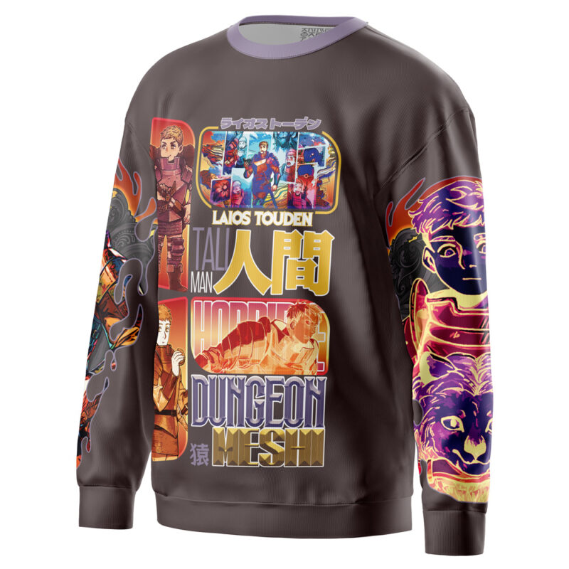 The Cyberpunk 2077 Edgerunners Streetwear Sweatshirt features vibrant anime-style artwork, Japanese and English text, character panels, expressive faces, dynamic scenes, and phrases like “Horrible Dungeon Mesh” and “Laios Touden.”.