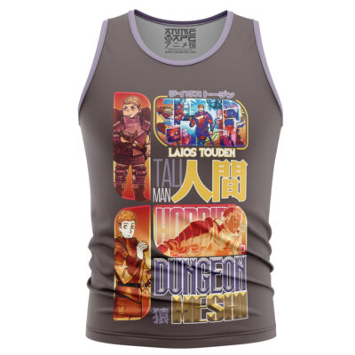 The Cyberpunk 2077 Edgerunners Streetwear Tank Top is a sleeveless gray top with colorful anime-style designs, Japanese text, and phrases like LAIOS TOUDEN, TALL MAN, HAPPY, and DUNGEON MESH.