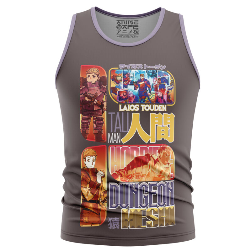 The Cyberpunk 2077 Edgerunners Streetwear Tank Top is a sleeveless gray top with colorful anime-style designs, Japanese text, and phrases like LAIOS TOUDEN, TALL MAN, HAPPY, and DUNGEON MESH.