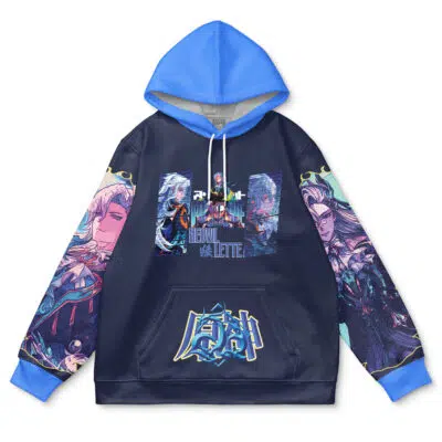 The Laios Touden Delicious in Dungeon Streetwear Hoodie is a navy blue hoodie with light blue hood and cuffs, featuring colorful anime-style character art, stylized text, and graphic designs on the front, sleeves, and pocket.