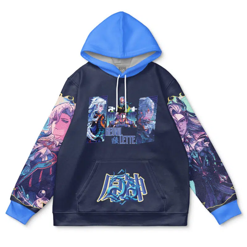 The Laios Touden Delicious in Dungeon Streetwear Hoodie is a navy blue hoodie with light blue hood and cuffs, featuring colorful anime-style character art, stylized text, and graphic designs on the front, sleeves, and pocket.