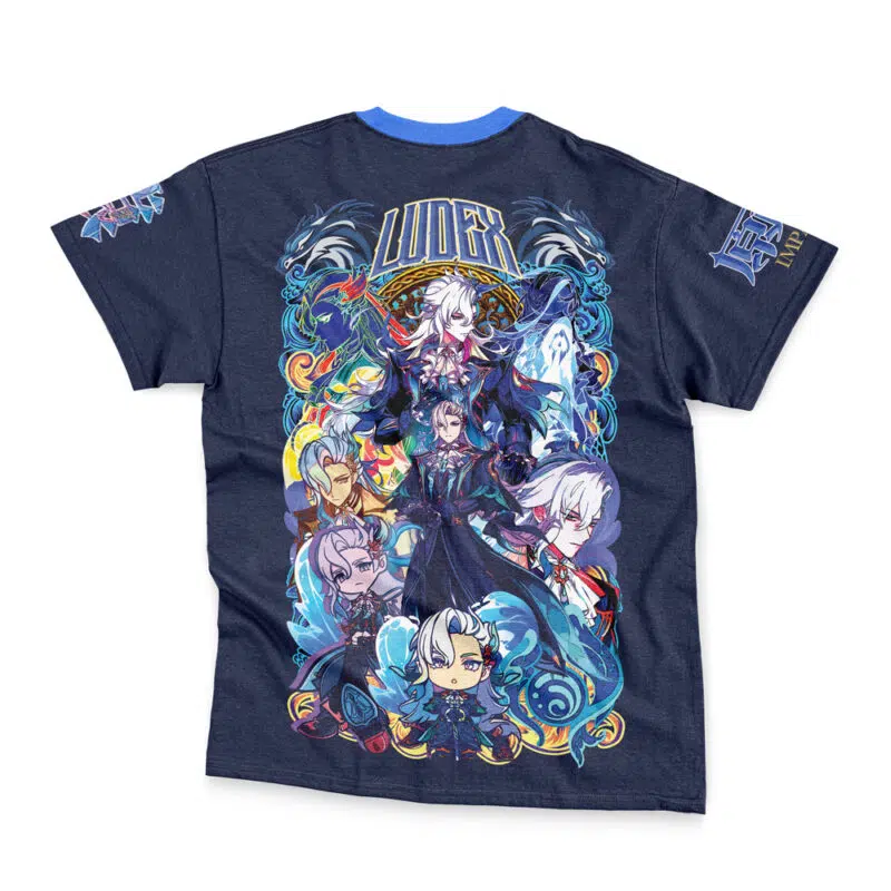 The Laios Touden Delicious in Dungeon Streetwear T-Shirt (Copy) is a navy blue tee with vibrant anime characters in action poses on the back, complemented by swirling blue and yellow designs and text at the top and sleeves.