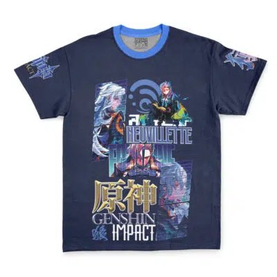 A navy blue Laios Touden Delicious in Dungeon Streetwear T-Shirt featuring colorful character illustrations, bold text, and graphics on both sleeves.