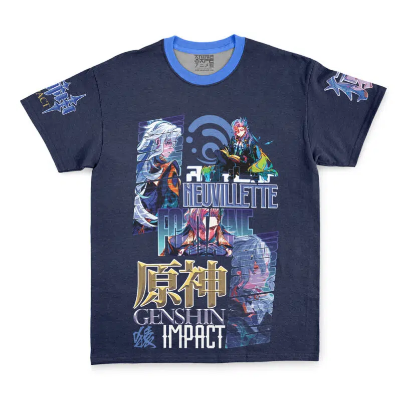 A navy blue Laios Touden Delicious in Dungeon Streetwear T-Shirt featuring colorful character illustrations, bold text, and graphics on both sleeves.