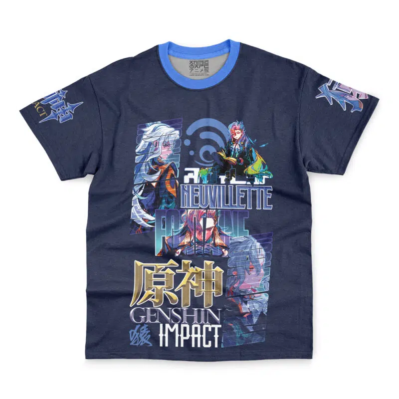 A navy blue Laios Touden Delicious in Dungeon Streetwear T-shirt with colorful character illustrations, bold “LAIOS TOUDEN” and “DELICIOUS IN DUNGEON” text, plus unique logos and graphics on the sleeves and front.