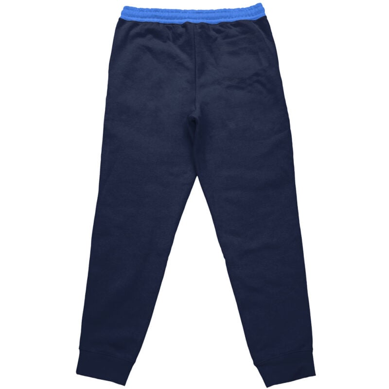 The Laios Touden Delicious in Dungeon Streetwear Sweatpants are navy blue with a light blue elastic waistband and fitted ankle cuffs, displayed flat with the back side facing up.