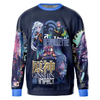 A navy blue streetwear sweatshirt featuring Laios Touden and Delicious in Dungeon text, with vibrant, detailed anime-style artwork on the front and sleeves.