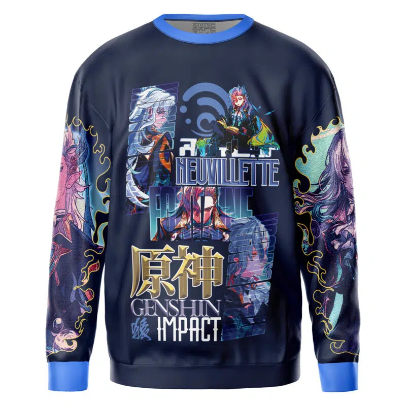 A navy blue streetwear sweatshirt featuring Laios Touden and Delicious in Dungeon text, with vibrant, detailed anime-style artwork on the front and sleeves.