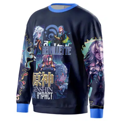 A stylish navy blue Laios Touden Delicious in Dungeon streetwear sweatshirt featuring vibrant character art, bold text, and unique sleeve and front designs.