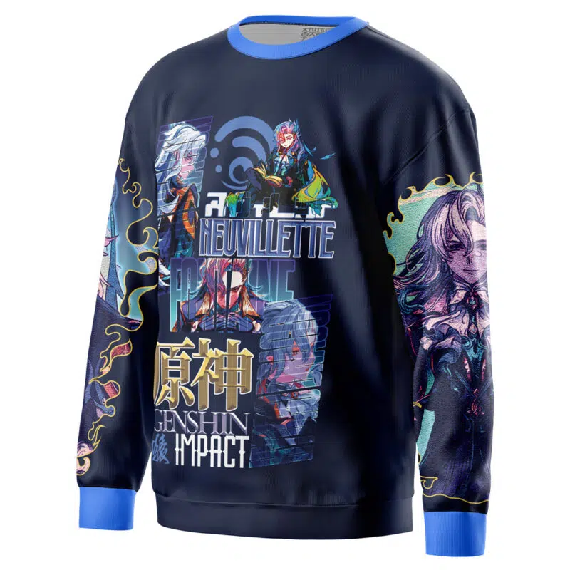 A stylish navy blue Laios Touden Delicious in Dungeon streetwear sweatshirt featuring vibrant character art, bold text, and unique sleeve and front designs.