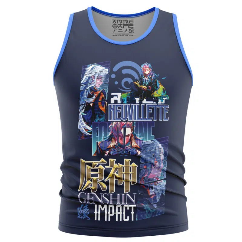 A navy tank top featuring stylized Laios Touden from Delicious in Dungeon, with vibrant light blue, red, and gold accents, plus both English and Japanese text and the series logo.