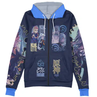 The Laios Touden Delicious in Dungeon Streetwear Zip Hoodie Jacket is a navy zip-up with a light blue hood and cuffs, vibrant anime-style character art, patterned sleeves and front, plus bold English and Japanese text designs.