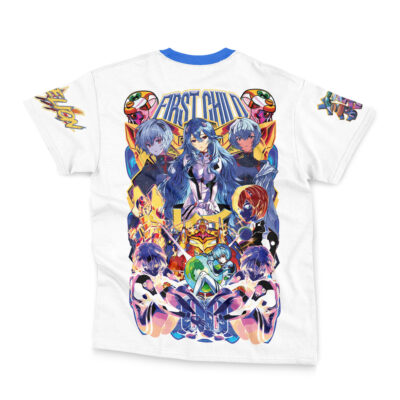 The Asuka Langley Sohryu V2 Neon Genesis Evangelion Streetwear T-Shirt features vibrant anime-style character and robot illustrations, bold "First Child" text in blue, and detailed artwork across the back and sleeves.