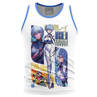 White tank top with blue trim featuring multiple colorful anime illustrations of Asuka Langley Sohryu from Neon Genesis Evangelion, plus text reading ASUKA LANGLEY SOHRYU, EVA-02, and Japanese characters.