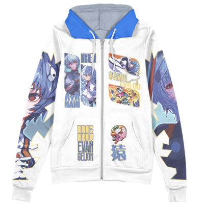 A white zip-up hoodie with blue hood, featuring colorful anime-style graphics, Japanese text, and the words ASUKA LANGLEY SOHRYU, EVANGELION, and NERV. Product: Asuka Langley Sohryu V2 Neon Genesis Evangelion Streetwear Zip Hoodie Jacket.