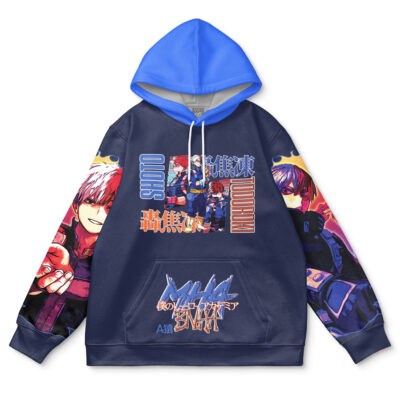 The Midoriya Izuku V2 My Hero Academia Streetwear Hoodie is blue with a light blue hood lining, colorful anime-style graphics, Japanese text on the front and sleeves, bold designs, and a large front pocket.
