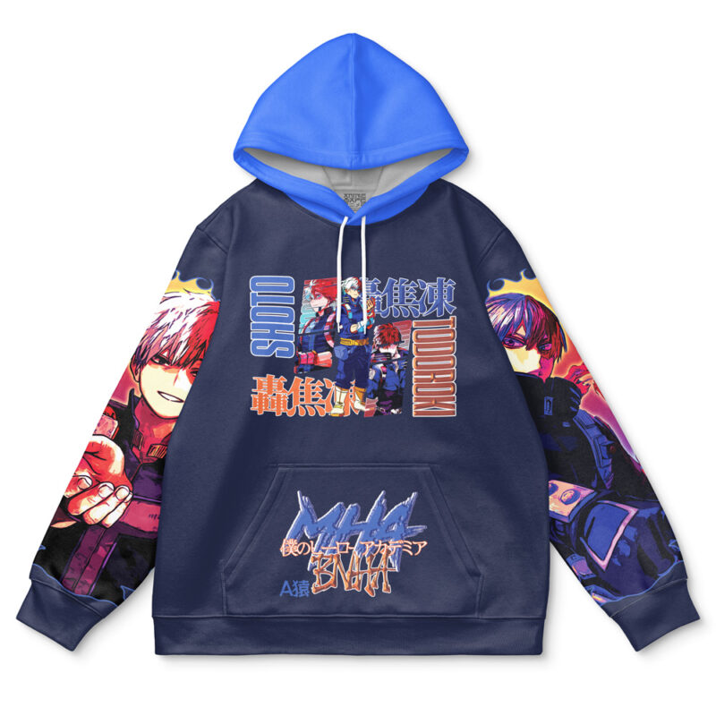 The Midoriya Izuku V2 My Hero Academia Streetwear Hoodie is blue with a light blue hood lining, colorful anime-style graphics, Japanese text on the front and sleeves, bold designs, and a large front pocket.