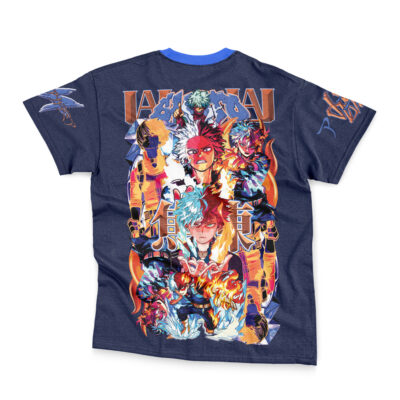 Navy blue "Midoriya Izuku V2 My Hero Academia Streetwear T-Shirt" with a vibrant anime-style graphic of multiple action-packed characters and bold Japanese lettering on the back.