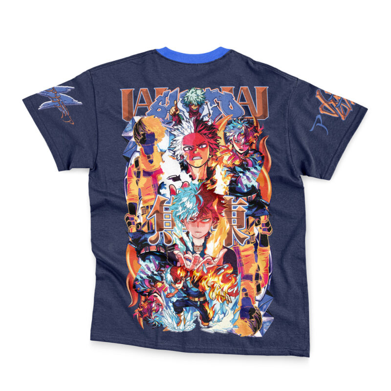 Navy blue "Midoriya Izuku V2 My Hero Academia Streetwear T-Shirt" with a vibrant anime-style graphic of multiple action-packed characters and bold Japanese lettering on the back.