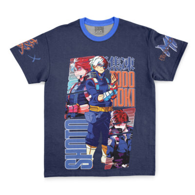 Navy blue streetwear T-shirt featuring three illustrated images of Midoriya Izuku from My Hero Academia, his name in bold letters with Japanese characters, plus graphic designs on the right sleeve.