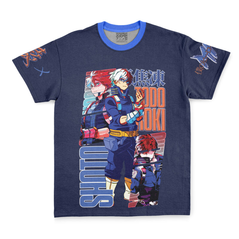 Navy blue streetwear T-shirt featuring three illustrated images of Midoriya Izuku from My Hero Academia, his name in bold letters with Japanese characters, plus graphic designs on the right sleeve.
