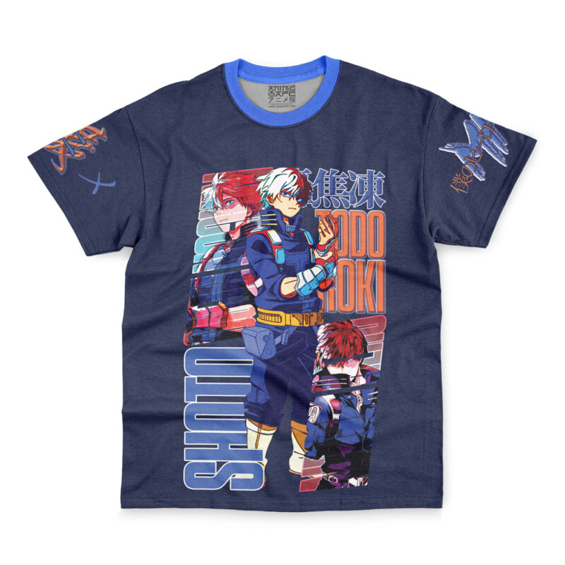 Navy blue T-shirt featuring three illustrated versions of Midoriya Izuku from My Hero Academia in his hero costume, with colorful graphics and text. Product: Midoriya Izuku V2 My Hero Academia Streetwear T-Shirt.