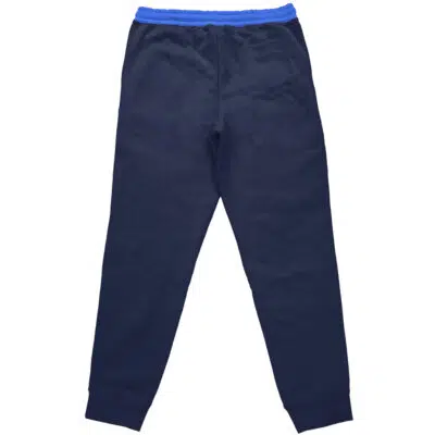 Midoriya Izuku V2 My Hero Academia Streetwear Sweatpants in navy blue, featuring a bright blue elastic waistband, cuffed ankles, and a pocketless, logo-free back, displayed flat with the back side visible.